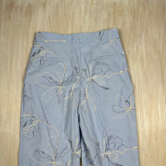 Zara Blue Floral Embroidered High Waist Elegant Chic Linen Blend Pants Medium - Picture 2 of 13